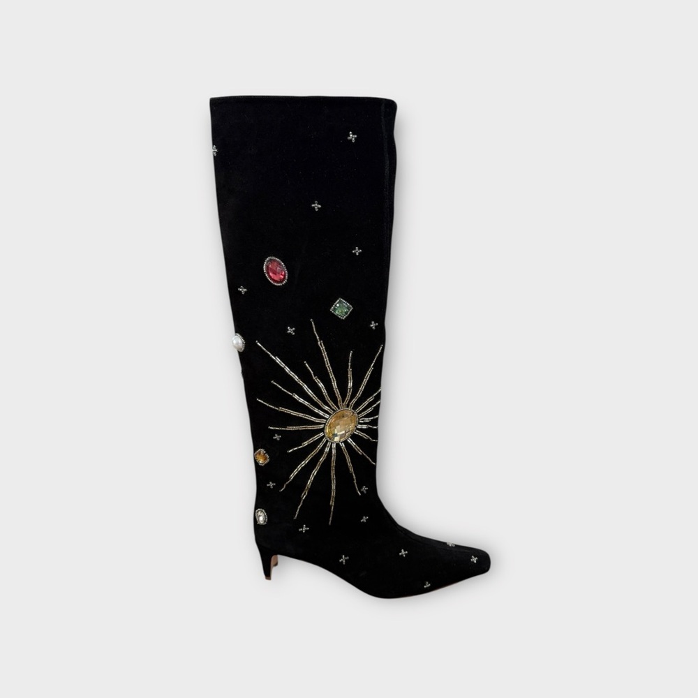 NWOT STAUD Wally Black Embroidered Heeled Boots Celestial